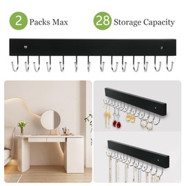 AnDock Necklace Holder Wall Mounted Jewelry Organizer - 2 Pack Wooden with 28 Hooks, Hanging Earring & Ring Bracelet Storage, Decorative Space-Saving Jewelry Display (Black)