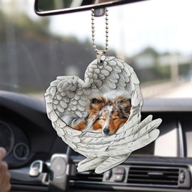Talataca Sheltie Shetland Sheepdog Sleeping Angel Wing Memorial Dog 2D Flat Car Rear View Mirror Accessories Christmas Tree Ornament Decoration Hanging Charm Interior Rearview Pendant Decor Gift