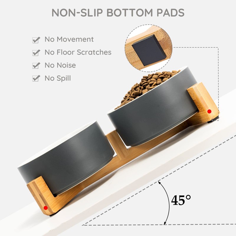 SPUNKYJUNKY Ceramic Dog and Cat Bowl Set with Wooden Stand,