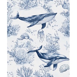 VOLEAAR Ocean Peel and Stick Wallpaper, Blue Coral Whale Removable Wall Paper for Nursery Bedroom Bathroom Cabinet, Waterproof Vinyl Contact Paper Self-Adhesive Wall Decor Navy White 17.5In x 118In