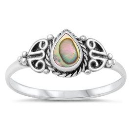 Teardrop Simulated Abalone Promise Ring New .925 Sterling Silver Heart Band Size 6
