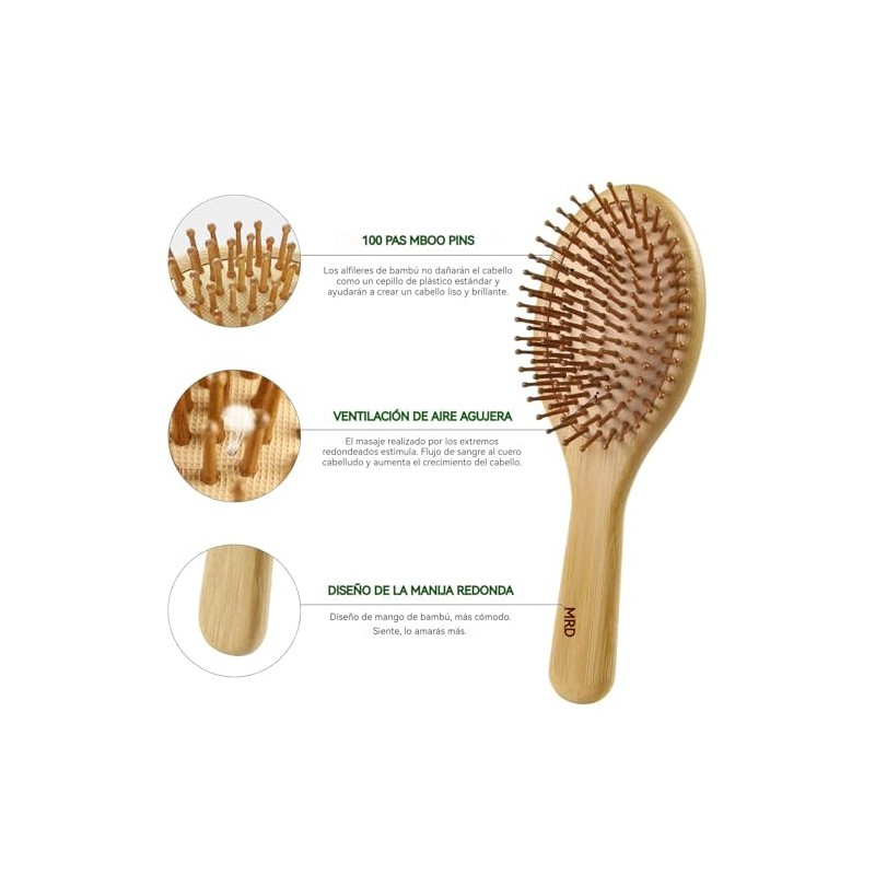 Juego de 4 Cepillos y Peines de Bambú para Cabello
