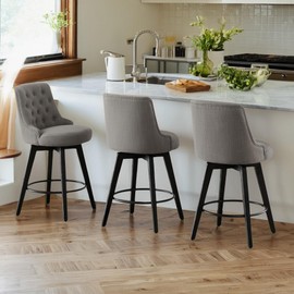 Watson & Whitely Counter Height Bar Stools, Performance Fabric Upholstered Modern Swivel Barstool with Back, Solid Wood Legs, 26" H Seat, Flint Grey