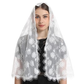 Mantveil White Spanish Style Floral Lace Mantilla Chapel Veils Classic Long D Shape Catholic Church Veil Head Covering for Women