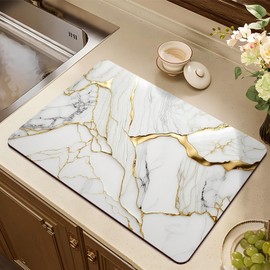 Coffee Mat or Dish Drying Mat Super Absorbent Drying Marble pattern Mat, Fit Under Coffee Maker Espresso Machine Absorbent Hide Stain Rubber Backed Dish Drying Mat for Kitchen Counter (12″x 20″white)