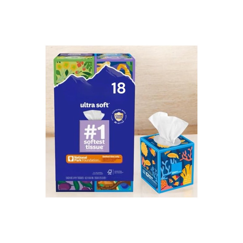 Ultra Soft 3-Ply Facial Tissues, 85 Tissues per Box, 18