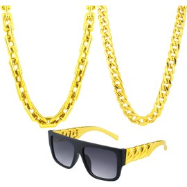 KIDOFLY Hip Hop Rapper Costume Kits 80s 90s Rapper Accessories Outfit Big Chunky Plastic Fake Gold Chain Necklace Twist Leg Punk Sunglasses for Men Women Party Supplies