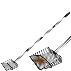 GOIMGN 10-inch Heavy Duty Chicken Poop Scooper, Adjustable Stainless Steel Chicken Coop Scoop (35.4 to 61.8"),4-in-1 Sifting Litter Shovel Scoop for Chicken Coop/Goat Stall/Stable Cleaning