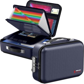 Fireproof Document Box with Lock, Hard Fireproof File Organizer Heat Insulated Fireproof Waterproof Box Portable Home Travel Safe Storage for Important Documents Files Laptop Passports NAVYBLUE