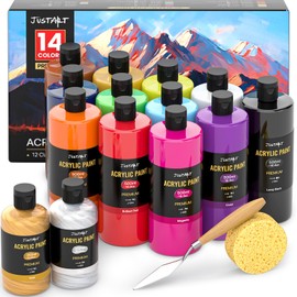 500 ML Acrylic paint Set 14 Colors 16.9 oz (12Pcs 500ml + 2pcs 250ml metallic Paints) Large Bottles Non Toxic Acrylic Paint Professional Craft Paint Kit High Viscosity No Fading Rich Pigment for Kids Adults Artists Canvas Crafts Wood Painting supplies(co