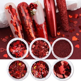 6 Jars Heart Nail Art Glitters Sequins Holographic Valentine's Day Nail Glitter Sequins Red Love Heart Designs Heart Sequin Powder Hexagon Chunky Glitter Flakes Valentines Nails Decorations DIY Crafts