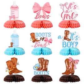 9pcs Boots or Bows Gender Reveal Decor, 9 Style Western Cowboy Cowgirl Table Decorations He or She Honeycomb Centerpieces for Baby Shower Pregnancy Announcement Party