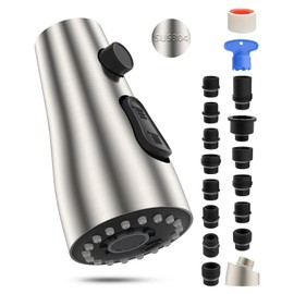 Hibbent Stainless Steel Pull Down Spray Head Replacement with 15 Adapters, NSF/ANSI/CAN 61 & CUPC Certified 3-Function Kitchen Faucet Nozzle, Compatible with Moen, Delta, Kohler Faucet, Brushed Nickel