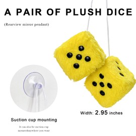 MUQIDA Fuzzy Plush Dice for Car Mirror, 3 Inch Pair of Retro Square Mirror Ornament Soft Dice with Dots, Vintage Couple Pendant Charms Vehicle Interior Hanging Decoration for Women (Yellow)
