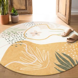 Lahome Boho Round Rugs - 6Ft Round Rug Washable Soft Circle Rugs for Living Room Non-Slip Ultra-Thin Large Round Dining Room Rug, Botanical Print Floor Throw Round Carpet for Bedroom Office Dorm Sofa