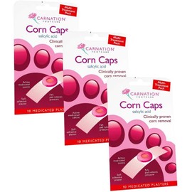 Carnation Footcare Corn Caps x 3 pack, (30 caps in total) all-in-one, Salicylic Acid paste with soft felt corn ring. Relieves pressure and pain. One step application.