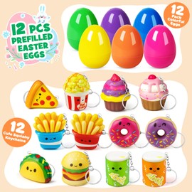 12 PCS Prefilled Easter Eggs with Food Squishy Toys Keychains for Easter Egg Hunt, Easter Eggs Filled for Kids,Basket Stuffers Filler and Classroom Prize Supplies, Party Favors