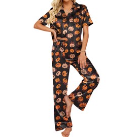 Ekouaer Womens Silk Satin Pajamas Set Button Down 2 Piece Pjs Wide Leg Long Pants Sleepwear Lounge Set with Pockets