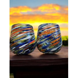 Handblown Confetti Stemless Wine Glass with Colorful Swirl Design (Set of 2) - Made in Mexico