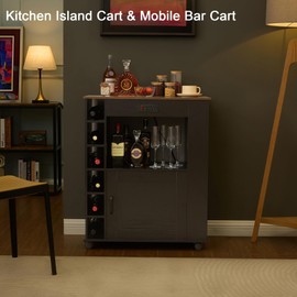 VECELO Rolling Kitchen Island Cart with Large Storage, Microwave Stand, Open Shelves, Wine Rack, Power Outlet, Bar Cabinet for Dining Room, Living Room, Black