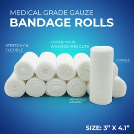 MED PRIDE Conforming Gauze Rolls First Aid Rolled Stretch Bandages for Wounds & Injuries – Disposable Nonsterile Body Wrap Dressing for The Knee, Ankle, Hands, Wrist, White (3''x 4.1 yd)
