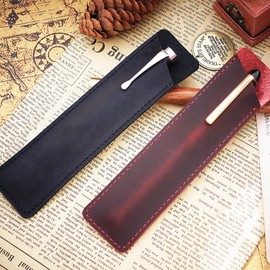 Borsgye Pens Pouch Leather Pen Protective Sleeve Cover Crazy Horse Leather Handmade Fountain Multi Pen Case Holder – Open Mouth Black
