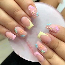 Medium Press on Nails Square French Tip Fake Nails with Flowers Design False Nails Pink Full Cover Acrylic Nails Press ons Matte Glue on Nails for Girls and Women 24Pcs