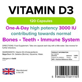 Lindens Vitamin D3 3000IU - 120 Capsules - High-Potency - 1500% NRV - Contributes to Normal Bones, Teeth & Immune System - 4 Months Supply - GMP & Letterbox Friendly - UK Made