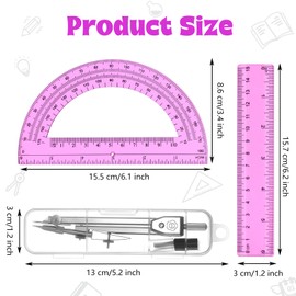 Zonon 3 Pcs Geometric Math Set, Drawing Compass, 6 Inch Protractor and Plastic Clear Ruler Transparent Drawing Supplies for School Classroom Home Office Use(Pink,6 Inch)