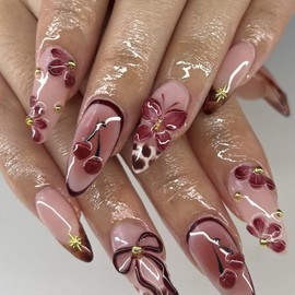 24Pcs Flower Press on Nails Long French Fake Nails French Tips Glue on Nails Nude Red Floral Butterfly Bow Cherry with Gold Charms Design Glossy Full Cover False Nails for Women Decor Nail Art