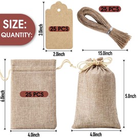 Pack of 25 Jute Gift Bags with Drawstring and 25 Gift Tags, 10 x 15 cm Reusable Gift Bags, Jute Bag, Bag for Wedding Gifts, Party, Jewellery Bag, Christmas