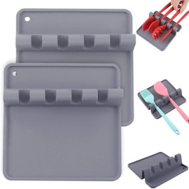 Base de Silicona para Utensilios de Cocina 2 Piezas,Porta Utensilios de Cocina Porta Cucharas con 4 Divisiones,Organizador de Utensilios de Cocina Reposa Cucharas,Gris