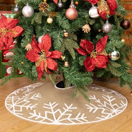 N&T NIETING Christmas Tree Skirt, 75 cm Christmas Tree Blanket Hessian Tree Skirt with Full White Snowflakes Tree Rug for Christmas Party Merry Christmas Tree Decorations