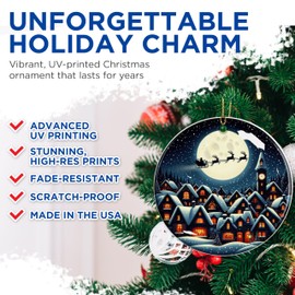 Santa Flying with Reindeer Christmas Ornament - Christmas Night with Snow - 2.8" Round - Premium Glossy Ceramic with UV Printed Design - Gold String Included - Perfect Holiday Décor - BMCO0020
