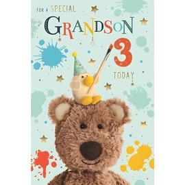 Grandson 3rd Birthday Card - Age 3 - Special Grandson - Barley Bear Teddy Painting Design - Special Finishes and Illustrated Insert Leaf - Made in the UK - Eco-Friendly
