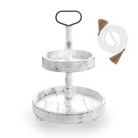 Luxspire Tiered Tray Stand, 2 Tiered Tray Decor with Wooden Beads Garland, Farmhouse Decorative Tray, 2 Tier Serving Tray for Coffee Bar Kitchen Island, Christmas Decor, Rustic White