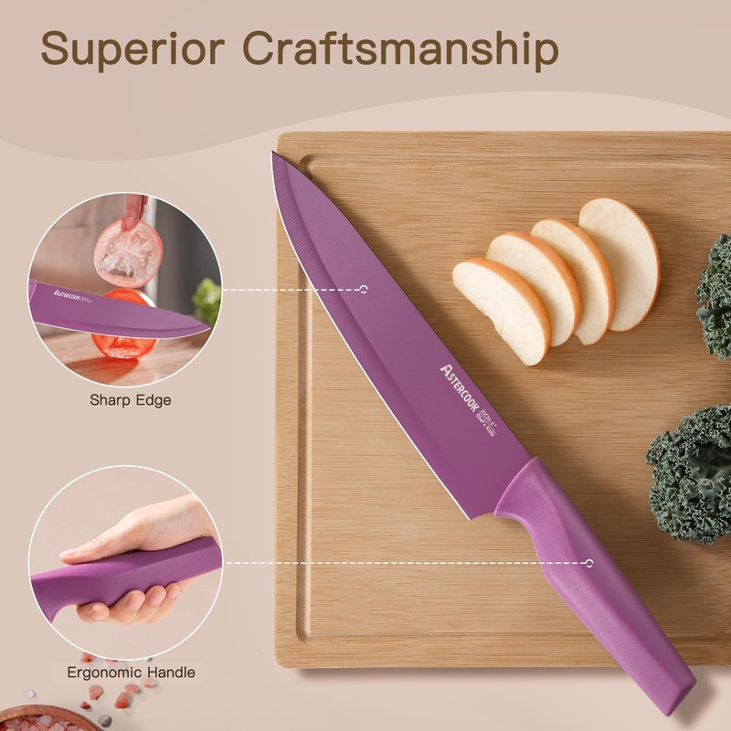 Astercook 6 Piece Color-Coded Kitchen Knife Set, Stainless Steel Chef