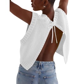 Cioatin Women Y2K Backless Tie Up Knit Crop Sweater Vest Sleeveless Round Neck Split Open Back Pullover Summer Tank Tops White