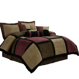 Chezmoi Collection 7-Piece Burgundy Brown Black Micro Suede Patchwork Comforter Set, King