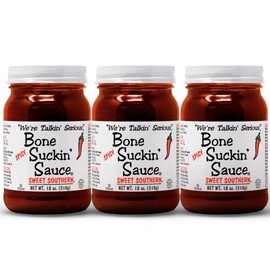 Bone Suckin' Sauce Sweet Southern Spicy BBQ Sauce - 18 oz in Glass Bottle, For Ribs, Chicken, Pork, Beef - Gluten-Free, Non-GMO, Kosher, Spicy Barbecue Sauce Sweetened with Cane Sugar & Molasses, 3 Pcs