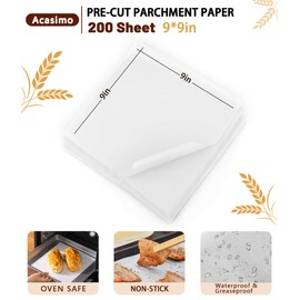 200PCS Parchment Paper Sheets, 9x9in, Squares Baking Paper for Baking, Air Fryer, Steaming, Grilling, Roasting, Wrapping, Precut Non-Stick Square Pan Liners, Oven Paper for Bread (White, 9x9 in)