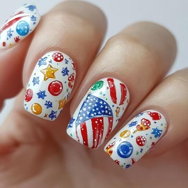 Medium Square Press on Nails 4th of July White Fake Nails with Independence Day Red Blue White Fireworks Stars Pattern Design Artificial False Nails Acrylic Glossy Glue on Nails for Women 24 Pcs