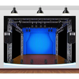 CORFOTO 7x5ft Theater Stage Backdrop Blue Curtains and Spotlights Stage Photography Background Concert Live Platform Banner Music Show Kids Birthday Adults Vlogger Portrait Studio Prop