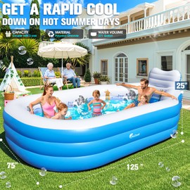 Inflatable Swimming Pool for Kids and Adults,Thickened Large Adult Pool for Backyard with Seat and Backrest, Kids Outdoor Blow up Pools,125"X75"X25"Inflatable Pools for Summer (Sky Blue)