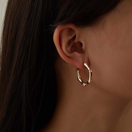 Jugielu Boho Bamboo Hoop Earrings Gold Bamboo Hoop Earrings Vintage C Shape Huggie Earrings Small Chunky Round Hoop Earrings Statement Earrings Jewelry for Women