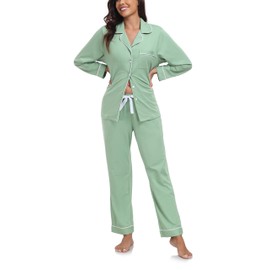 COLORFULLEAF Women's Pyjamas 100% Cotton with Button Placket Long Sleeve Pyjamas Set Two Piece Sleepwear Leisure Suit, Sage Green Long Sleeve
