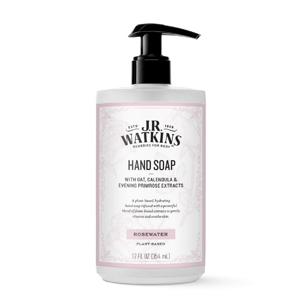 J. R. Watkins Moisturizing Gel Hand Soap, Rosewater, Plant-Based Ingredients, 12 oz Pump