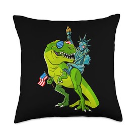 Dinosaur T Rex Statue of Liberty 4th Of July USA Flag Boys Throw Pillow