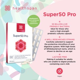 Healthspan Super50 Probiotic | Gut Health | with Vitamin D3 | 50 Billion Live Probiotic Cultures | Vitamin B6 | Calcium | Vegetarian (60 Capsules)