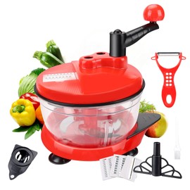 Procesador De Alimentos Manual,Picadora de Carne multifunción,Cortador Rápido de Verduras&Carne Doméstica con Tres Modos Picado,5 Cortadores de Acero Inoxidable Ultra Incisivos,Capacidad 2L-Rojo